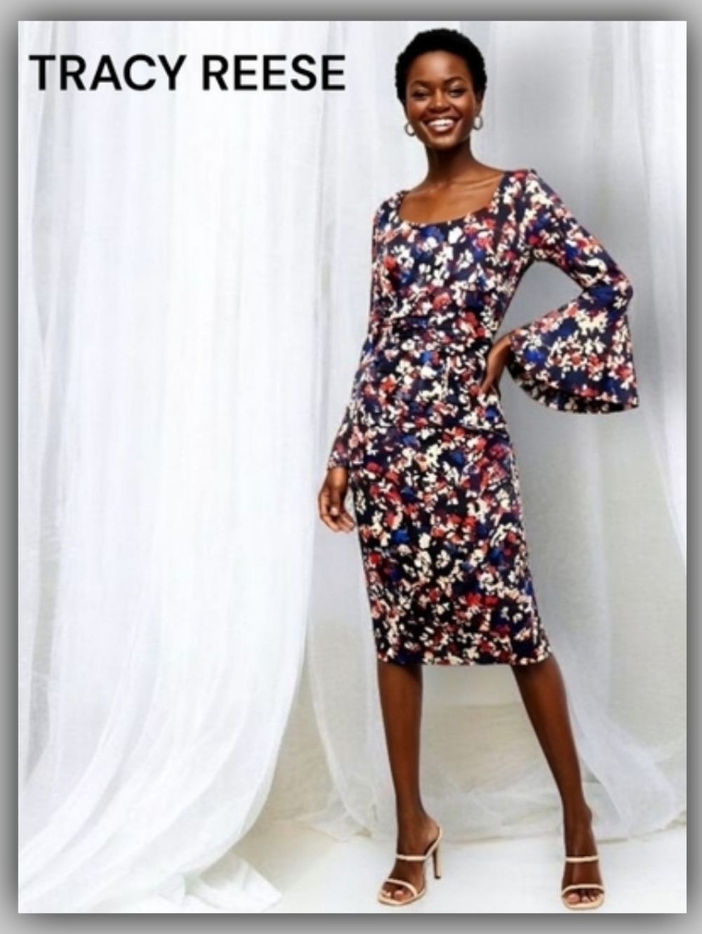 Tracy Reese Silk Multicolor Dress With Bell Sleeves Size 8